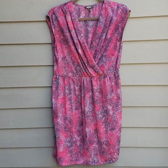 Daisy Fuentes Red Print Faux Wrap Sheer Dress Size Small - Picture 1 of 9